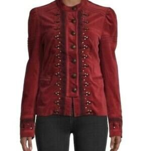 Free People Maven Pintuck Military Red Velvet Velour Jacket